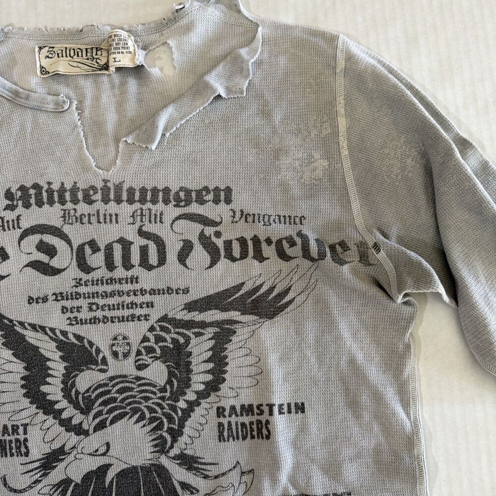 Distressed Salvage Men's Waffle Henley Long Sleeve Top, L Grunge Rock Punk